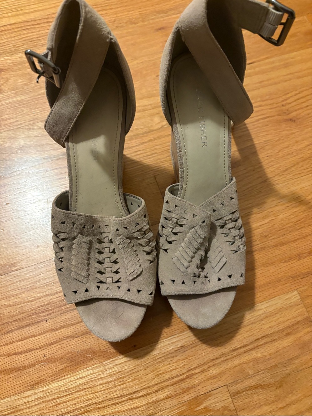 Marc Fisher Taupe Woven Suede Wedge Sandals